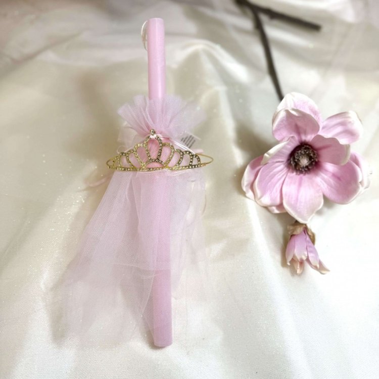 Λαμπάδα Τιάρα Με Τούλι Ροζ