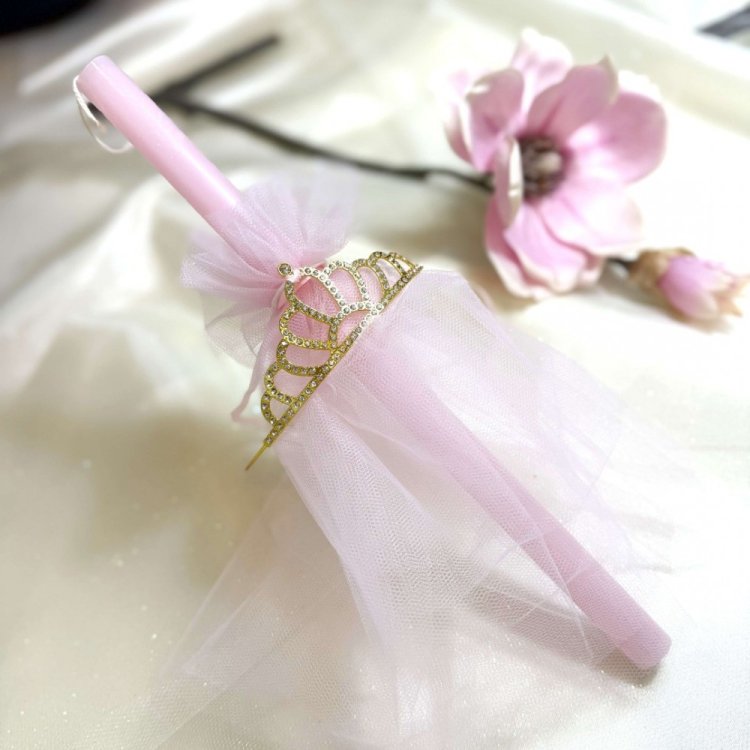 Λαμπάδα Τιάρα Με Τούλι Ροζ