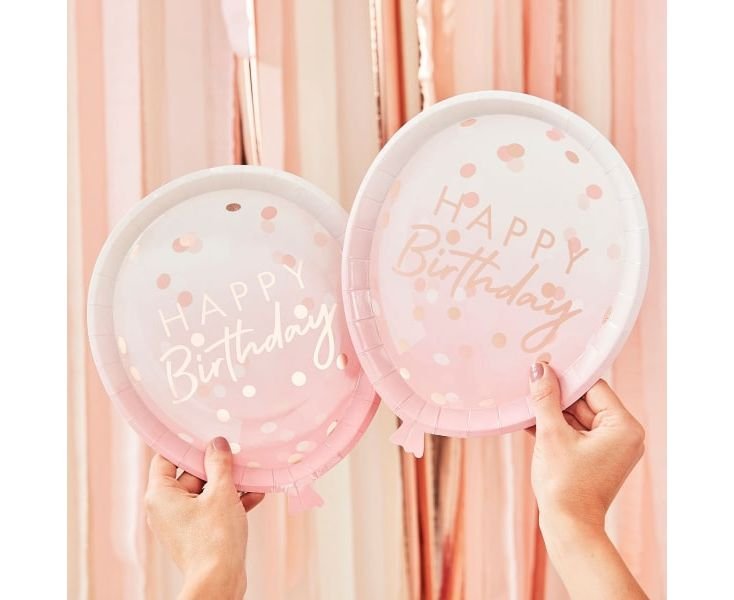 Πιάτα Χάρτινα Happy Birthday σε Σχήμα Μπαλόνι Ροζ Χρυσό / 8τεμ