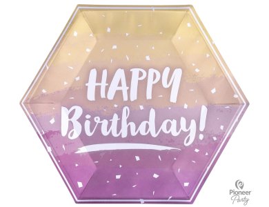 Πιάτα χάρτινα Εξάγωνα 23 εκ Happy Birthday Ροζ Χρυσό Ombre / 8 τεμ